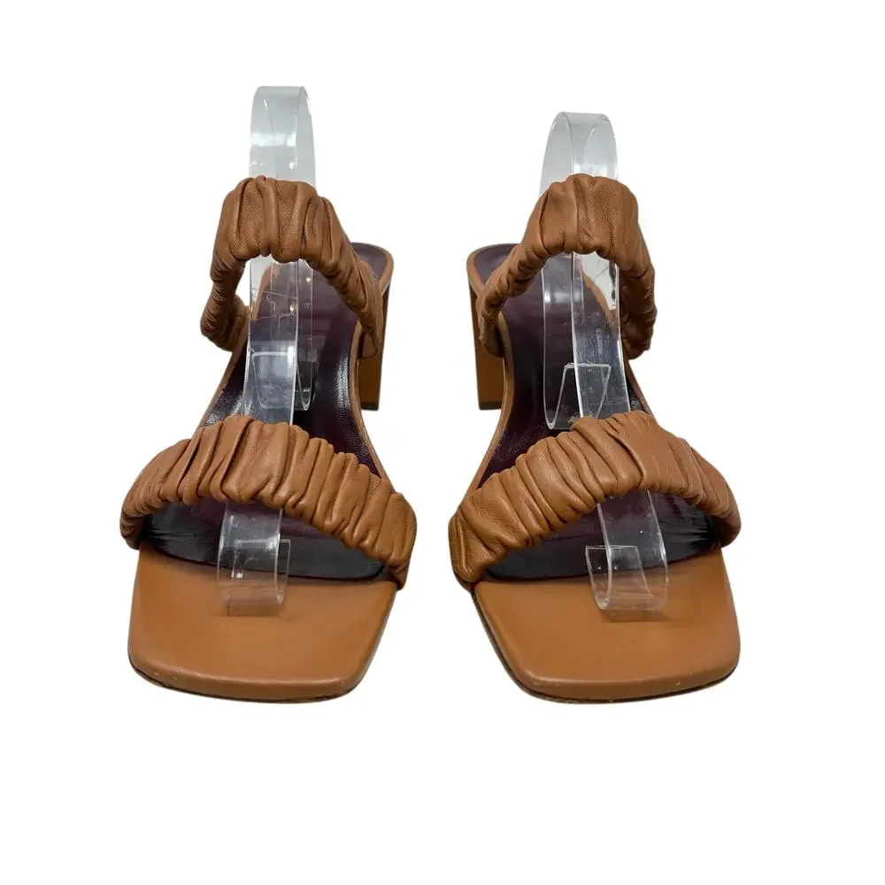 Staud‎ Frankie Ruched Leather Sandals Heels Brown Tan Size 42 US 12
